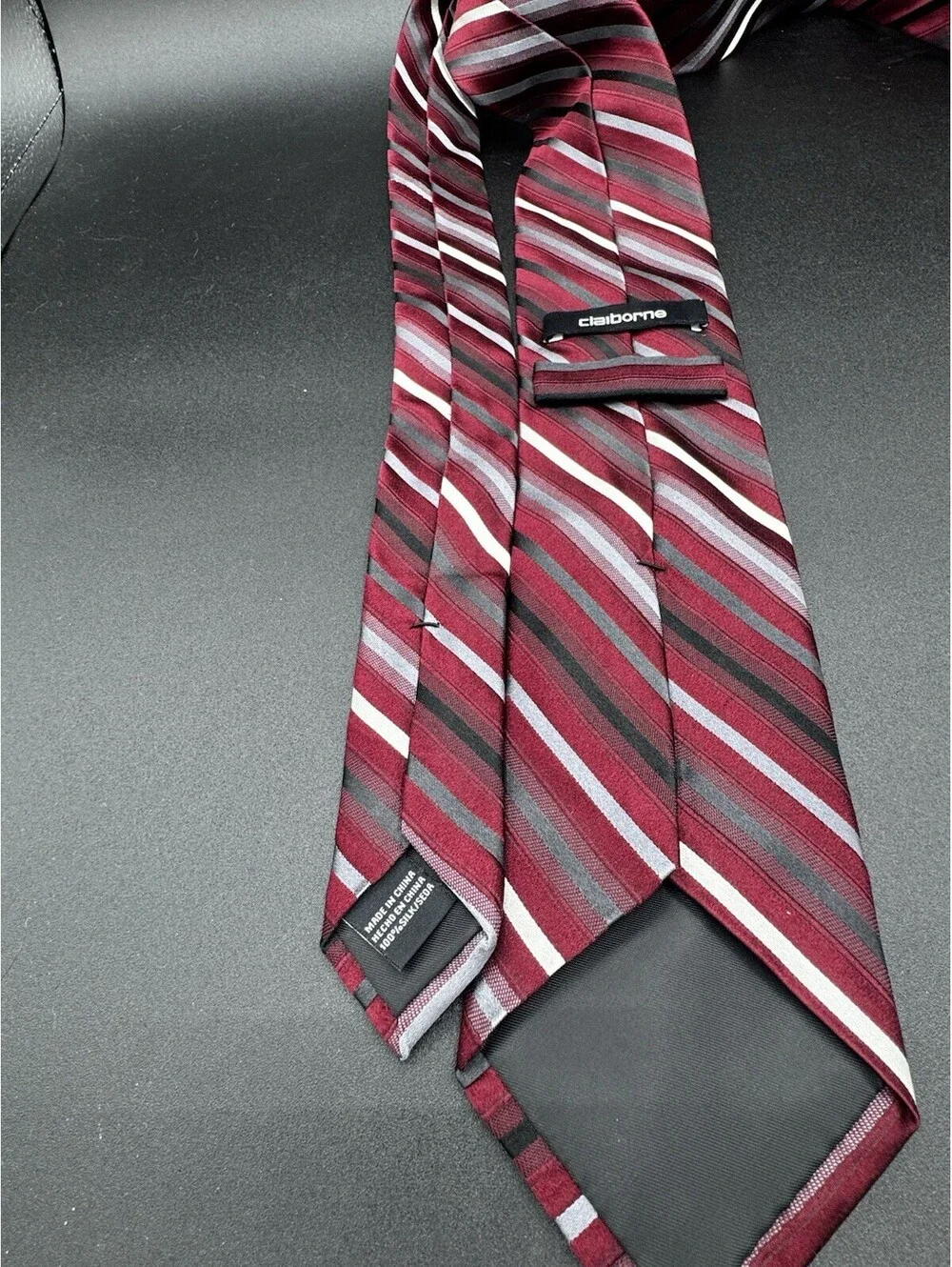 Claiborne Silk Tie Burgundy Black Gray Striped 59”x3.25” Preppy School Wedding